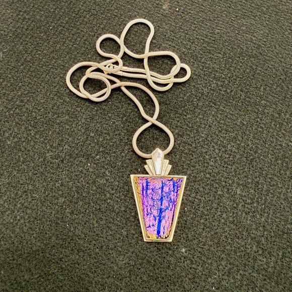 Unbranded Jewelry - Vintage Dichroic Glass 925 Sterling Silver Rectangle Shaped Pendant Necklace
